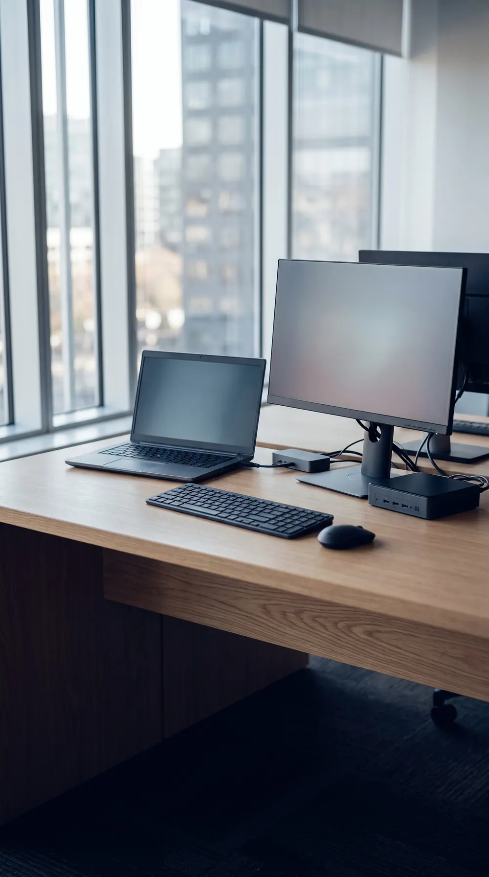 Kurumsal ofiste dizüstü bilgisayar, monitör ve mini PC bulunan çalışma masası